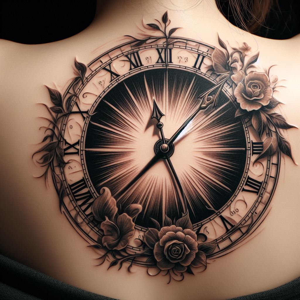 A sundial tattoo, with the shadow pointing to a significant time, such as the moment of a child's birth, located on the back. This tattoo symbolizes the passage of time and the enduring nature of a mother's love through the years. The sundial is detailed with Roman numerals and surrounded by a floral motif, indicating the growth and blooming of life. The shadow is rendered in a slightly darker shade, marking the time in a subtle yet meaningful way.