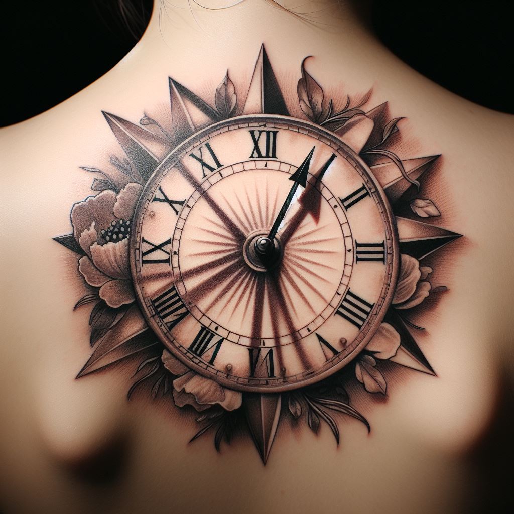 A sundial tattoo, with the shadow pointing to a significant time, such as the moment of a child's birth, located on the back. This tattoo symbolizes the passage of time and the enduring nature of a mother's love through the years. The sundial is detailed with Roman numerals and surrounded by a floral motif, indicating the growth and blooming of life. The shadow is rendered in a slightly darker shade, marking the time in a subtle yet meaningful way.