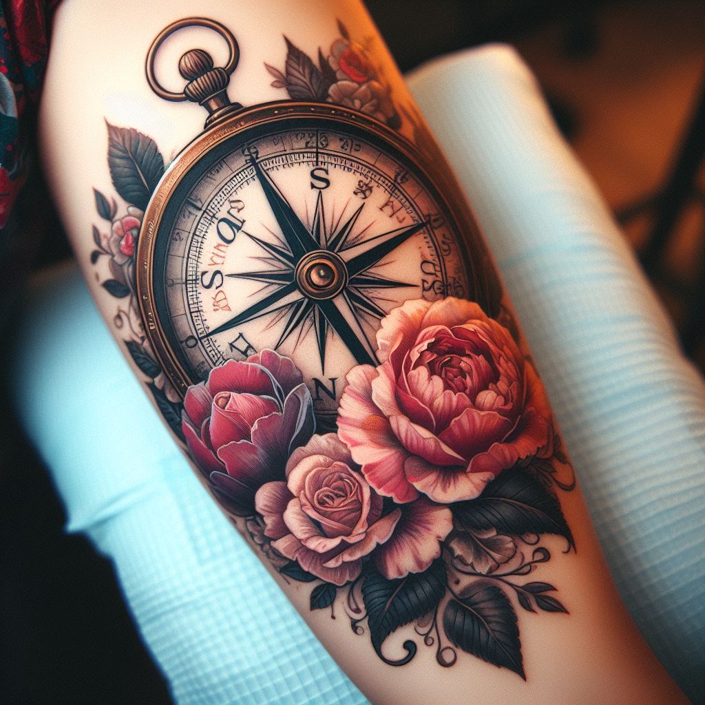 "A vintage compass tattoo, symbolizing guidance and a mother's unwavering support, adorned with floral accents like roses and peonies to signify love and grace. This tattoo, placed on the inner bicep, combines the strength and direction a mother provides with the beauty and softness of her love. The compass is detailed with an old-world charm, and the flowers are rendered in soft, complementary colors."