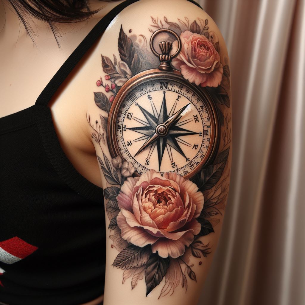 "A vintage compass tattoo, symbolizing guidance and a mother's unwavering support, adorned with floral accents like roses and peonies to signify love and grace. This tattoo, placed on the inner bicep, combines the strength and direction a mother provides with the beauty and softness of her love. The compass is detailed with an old-world charm, and the flowers are rendered in soft, complementary colors."