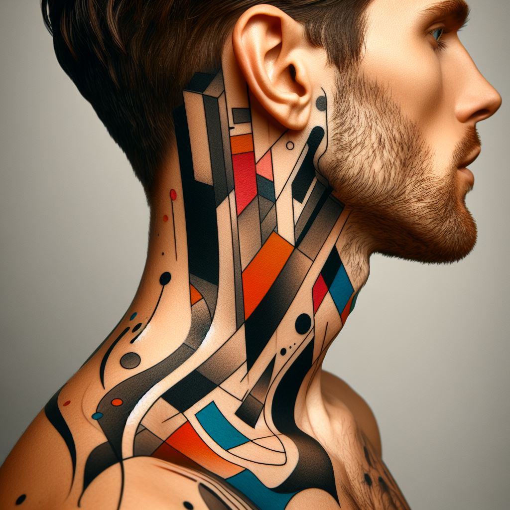 A man's side and back neck area with a modern art-inspired tattoo. The tattoo should consist of abstract shapes, bold color blocks, and splashes of paint that seem to cascade down from behind the ear to the shoulder blades. The design should challenge traditional aesthetics, incorporating elements of cubism, surrealism, or expressionism, making the neck appear as a canvas for contemporary art.