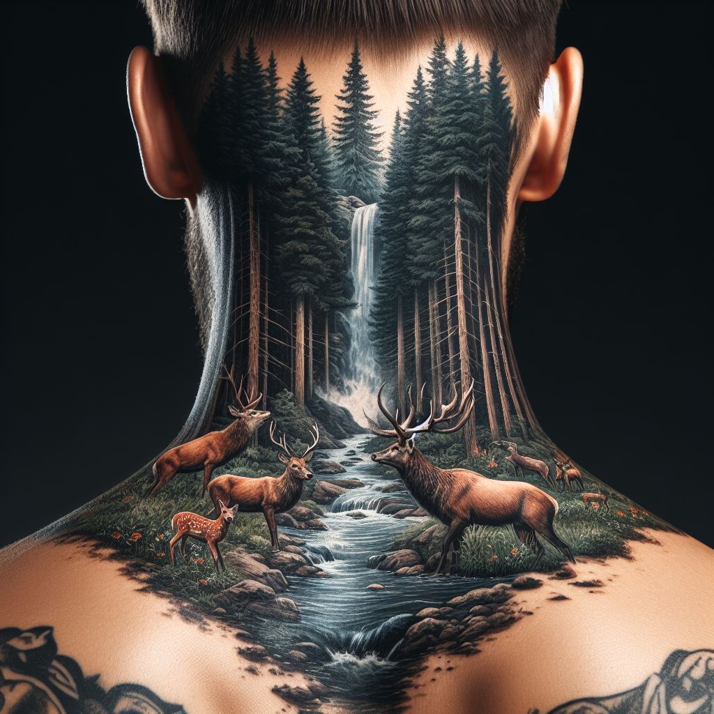 A man's neck showing a tattoo that captures a nature and wildlife scene, extending from the base of the skull down to the upper back. The scene should include a dense forest, wild animals like deer or wolves, and a stream or waterfall, all depicted in a realistic style. The tattoo should bring the serenity and wildness of nature to life, with meticulous attention to the details of the flora and fauna.