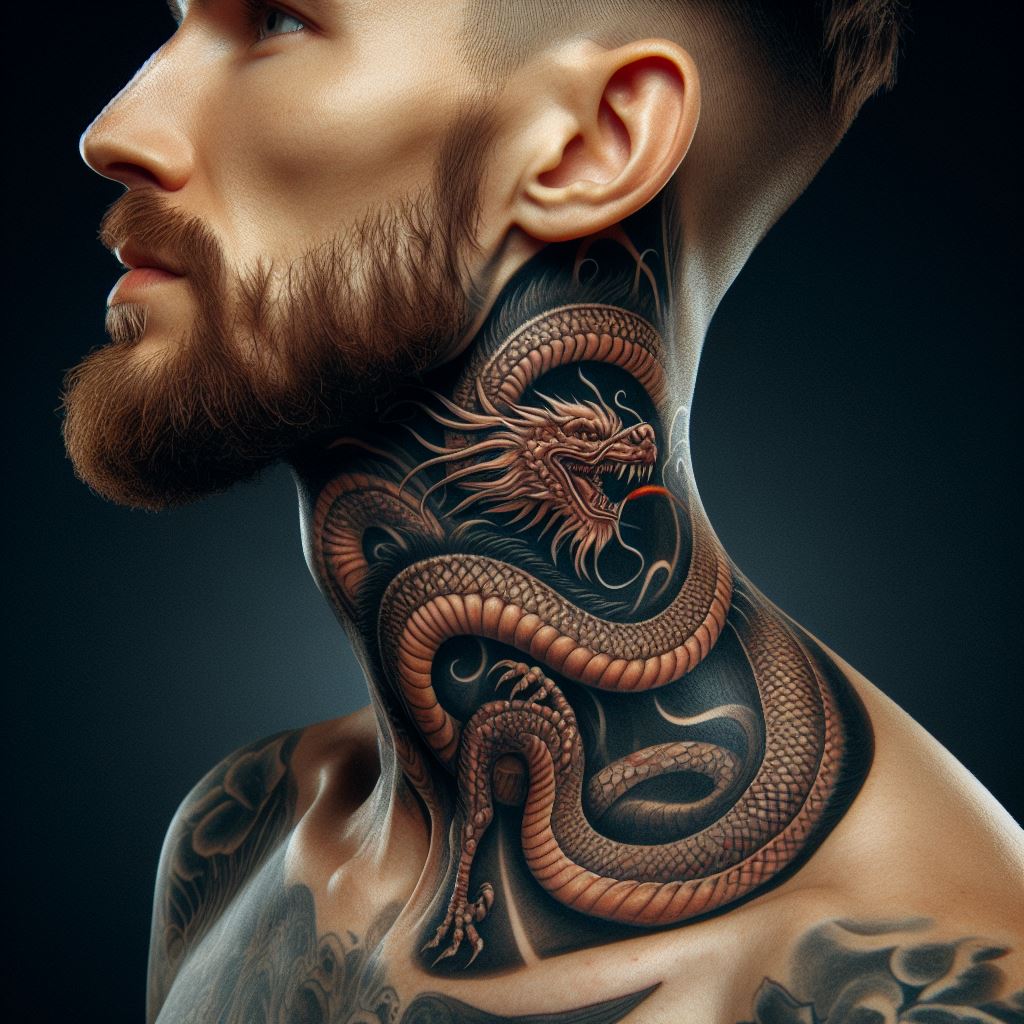 A man's entire neck encased in a tattoo of a dragon wrapping around it. The dragon's head should start at the front of the neck, near the Adam's apple, with its body coiling around the neck and its tail extending up to the back of the skull. The dragon should be designed with scales, claws, and possibly breathing fire, blending Eastern and Western dragon aesthetics for a majestic and fearsome look.