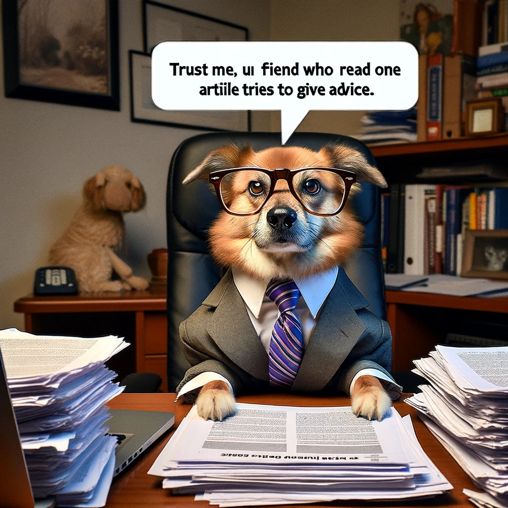 A comedic image of a dog wearing a suit and glasses, sitting behind a desk covered in paperwork and a laptop. The dog looks seriously at the camera, with a speech bubble that says, "Trust me, I'm an expert." The caption reads: "When your friend who just read one article tries to give advice."
