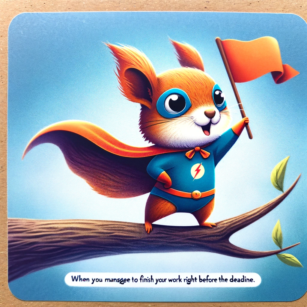 A playful image of a squirrel in a superhero costume, standing heroically on a tree branch, with a cape fluttering in the wind. The caption reads: "When you manage to finish your work right before the deadline."