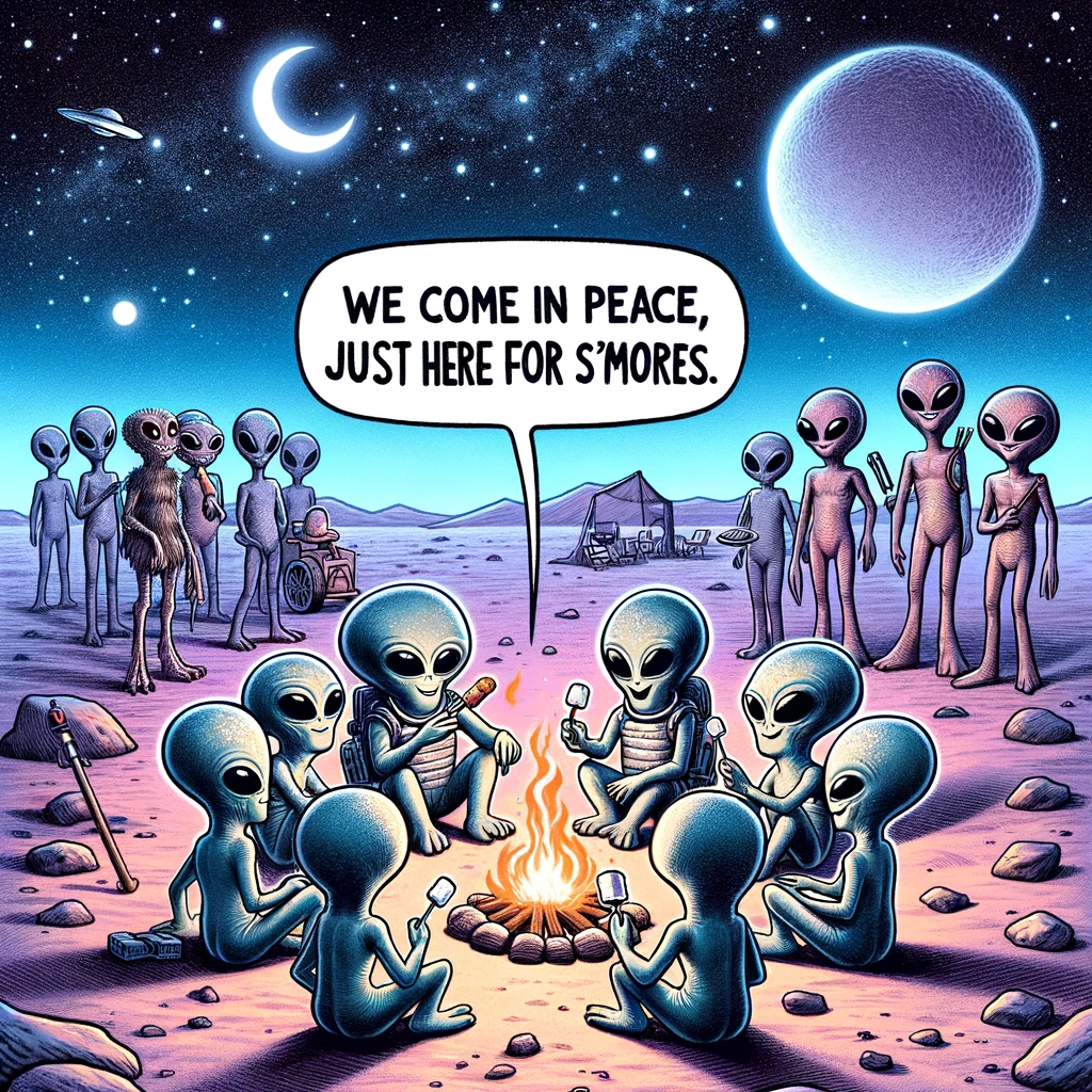 An imaginative image of a group of aliens sitting around a campfire on another planet, roasting marshmallows. One alien has a speech bubble that reads, "We come in peace, just here for the s'mores." The caption reads: "When the intergalactic visitors have unexpected priorities."