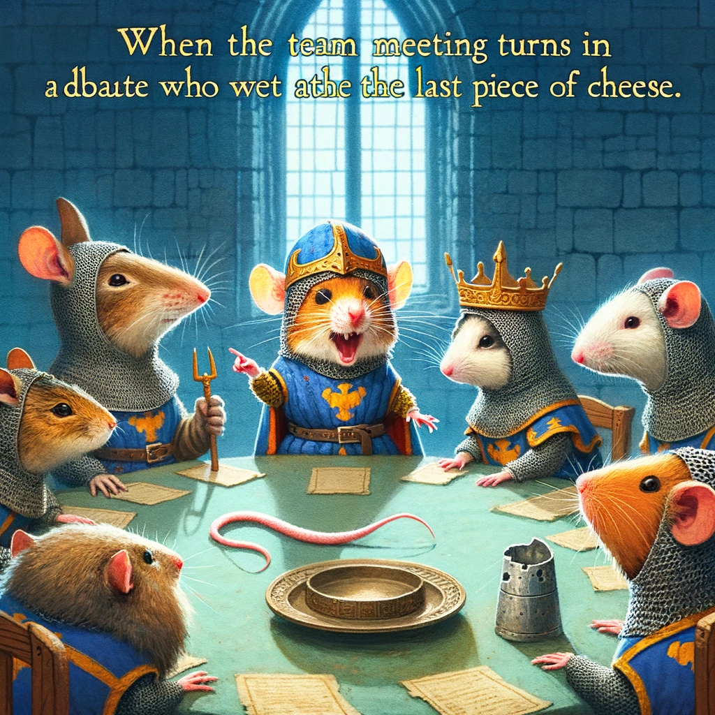 A charming image of a group of animals dressed in medieval attire, holding a round table discussion in a castle. A mouse, dressed as a knight, is passionately making a point, while the others look on. The caption reads: "When the team meeting turns into a debate over who ate the last piece of cheese."