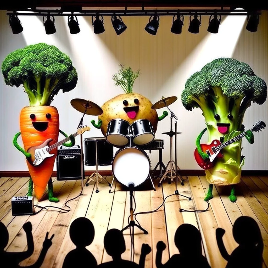 A funny image of a group of vegetables performing in a rock band on stage, with a carrot on vocals, a potato on drums, and a broccoli on guitar. The caption reads: "When the salad decides to go on a world tour."