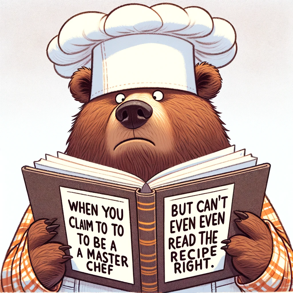 A humorous image of a bear wearing a chef's hat and apron, looking confused while holding a cookbook upside down. The caption reads: "When you claim to be a master chef, but can't even read the recipe right."