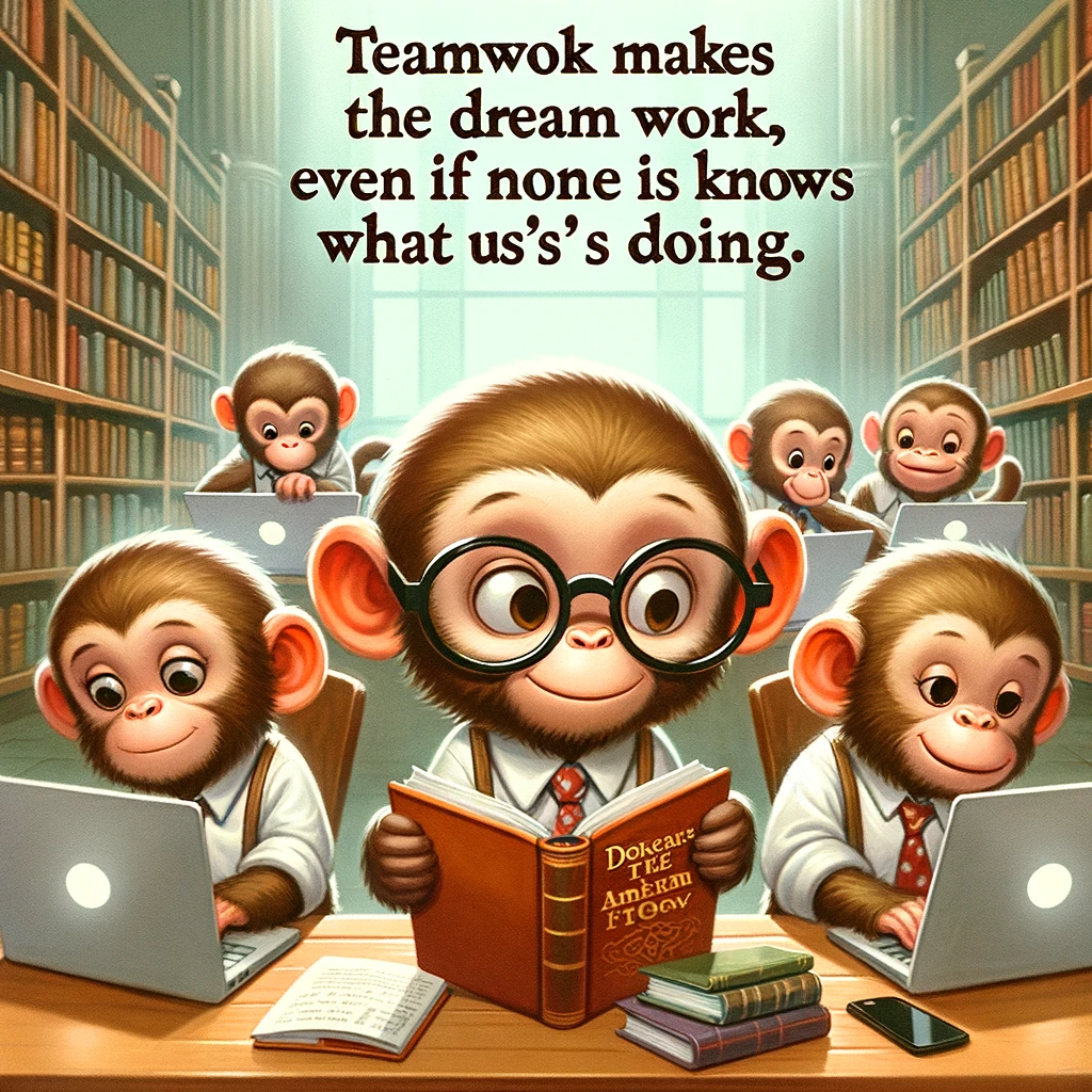 A delightful image of a group of monkeys in a library, one wearing glasses and reading a book, while the others are typing on laptops. The caption reads: "Teamwork makes the dream work, even if none of us knows what we're doing."