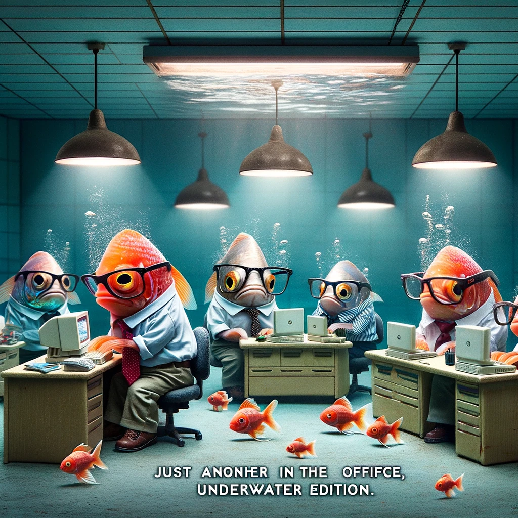 A comical image of a group of fish in an office, wearing tiny glasses and working on miniature computers. The caption reads: "Just another day at the office, underwater edition."