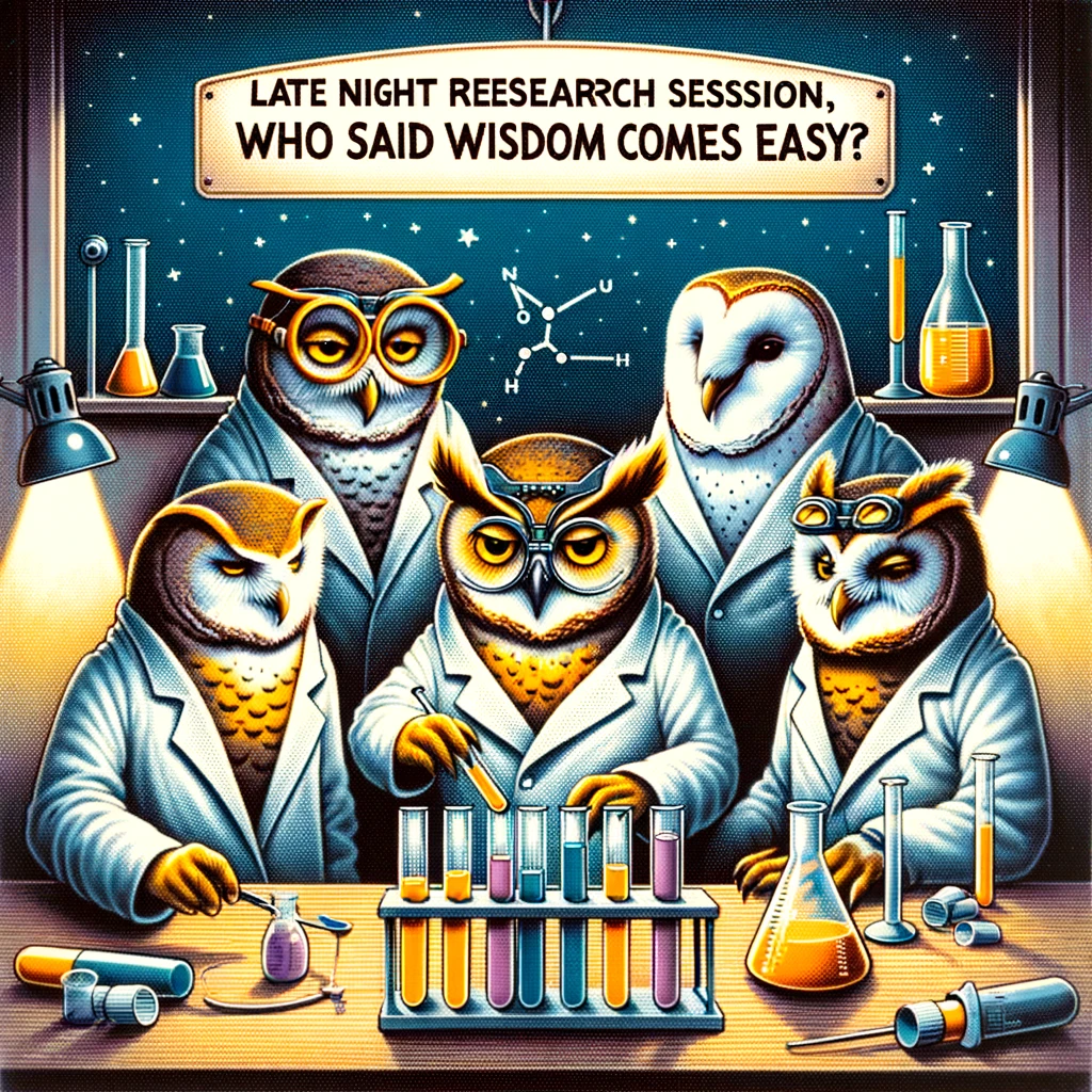 A quirky image of a group of owls in a science lab, wearing lab coats and goggles, examining test tubes. The caption reads: "Late night research session, who said wisdom comes easy?"