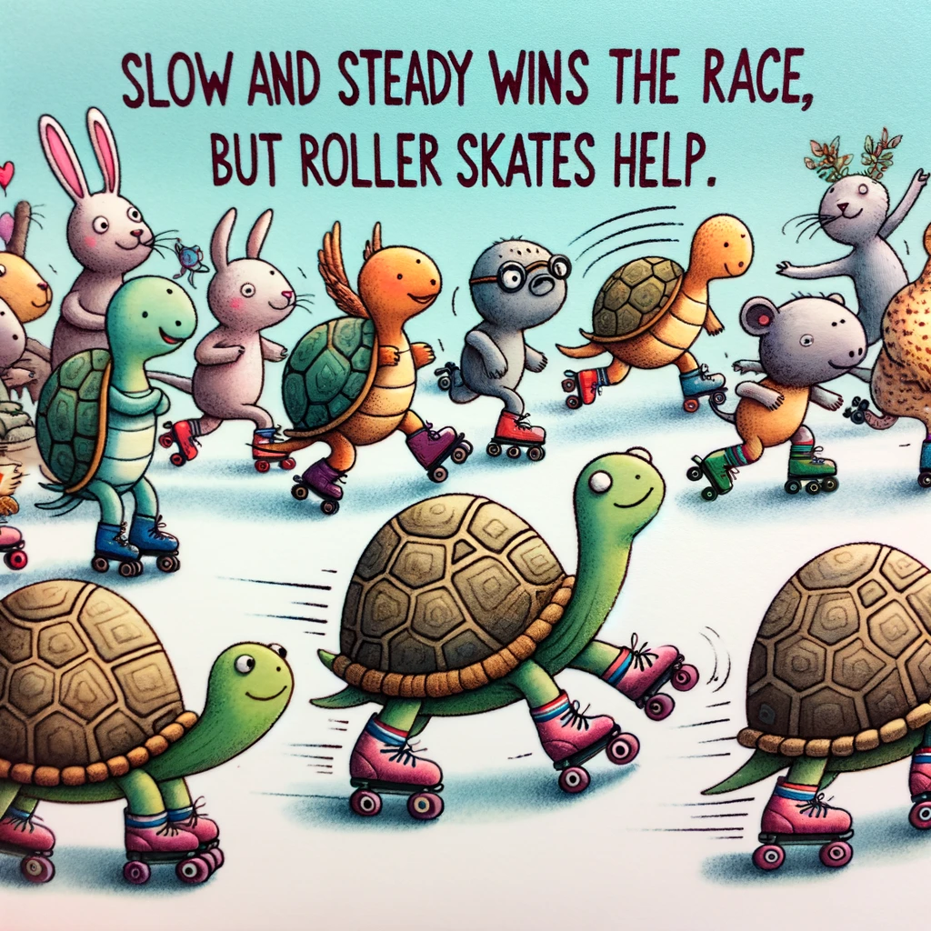 A whimsical image of a group of turtles racing on roller skates, with a crowd of various animals cheering them on. The caption reads: "Slow and steady wins the race, but roller skates help."