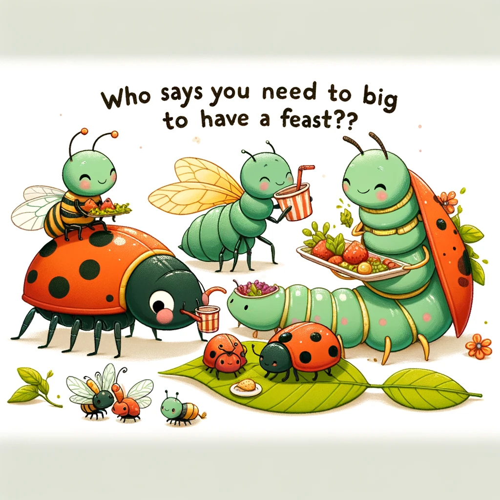 A charming illustration of a group of insects having a picnic, with ants carrying food, a ladybug sipping from a tiny cup, and a caterpillar munching on a leaf. The caption reads: "Who says you need to be big to have a feast?"