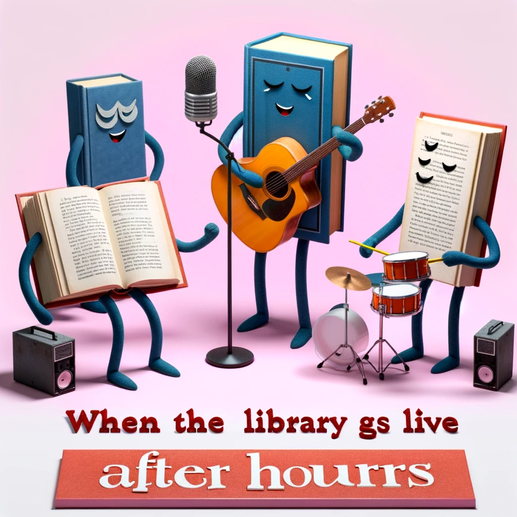 A playful image of a group of books playing musical instruments, with one book singing into a microphone, another playing guitar, and another on drums. The caption reads: "When the library comes alive after hours."