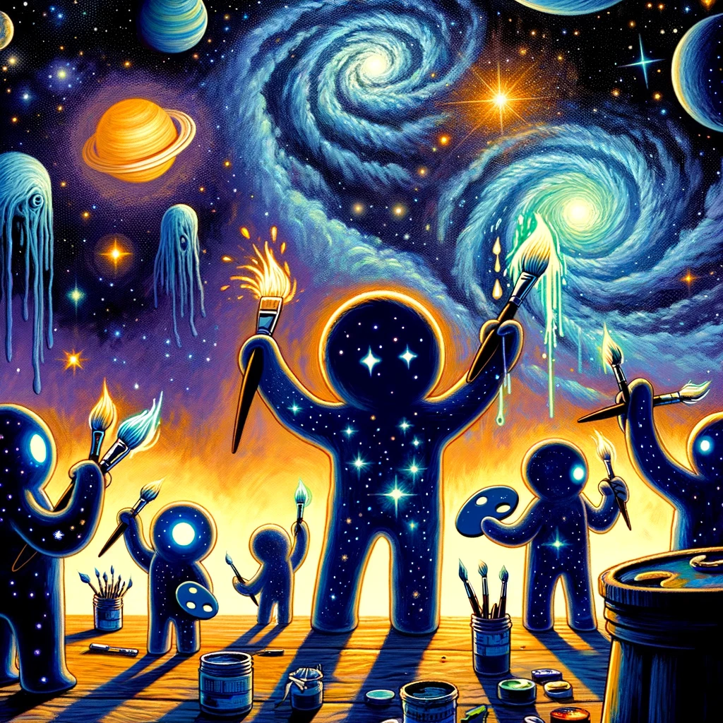 An imaginative image of a group of stars and planets holding paint brushes and painting the night sky. The caption reads: "The universe's own art class, creating masterpieces every night."