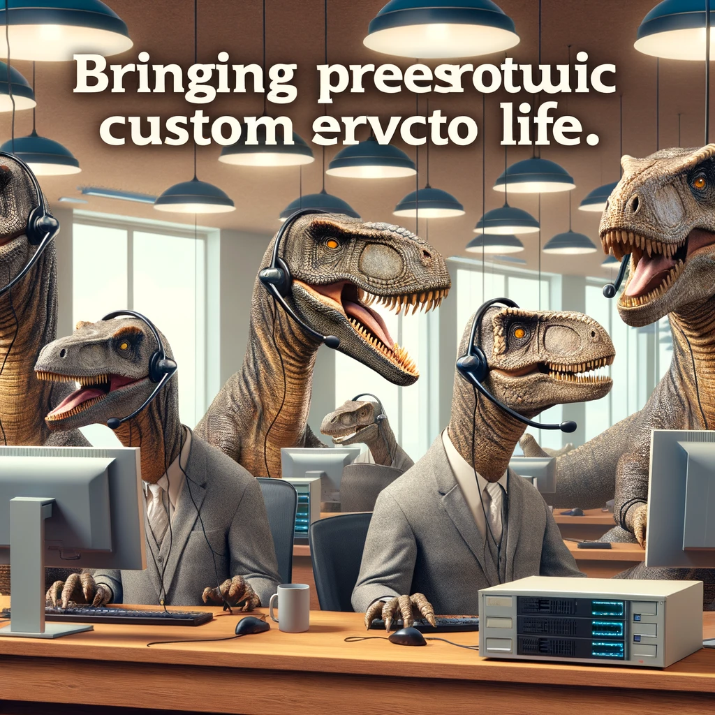 A funny image of a group of dinosaurs in a modern office setting, using computers and wearing headsets, as if they are working in a call center. The caption reads: "Bringing prehistoric customer service back to life."