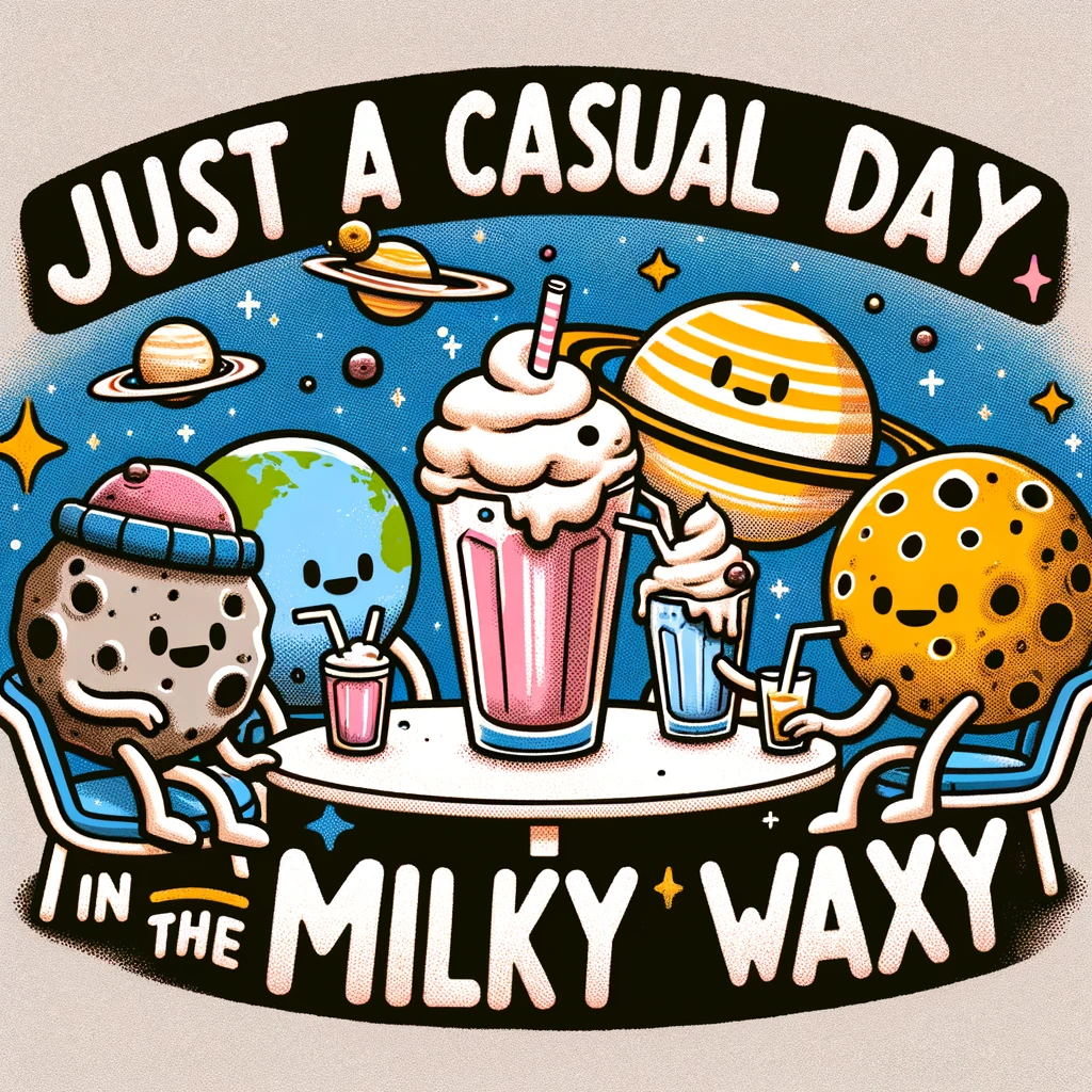 A quirky illustration of a group of planets hanging out in a cosmic cafe, sipping on asteroid milkshakes. Saturn is wearing a hipster hat, and Earth is taking a selfie. The caption reads: "Just a casual day in the Milky Way."