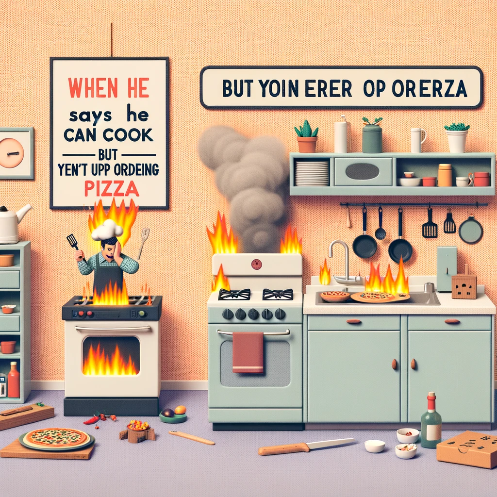 A humorous scene showing a boyfriend trying to cook but accidentally setting the kitchen on fire, with the caption "When he says he can cook but you end up ordering pizza."