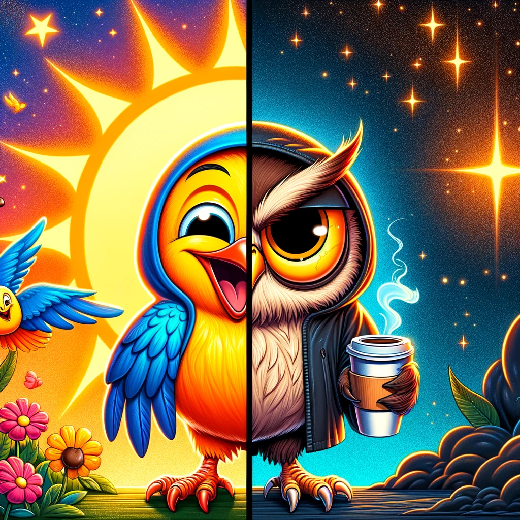 A split image showing on one side a cheerful, cartoonish bird with bright colors happily greeting the sunrise, surrounded by a vibrant morning sky. On the other side, a cartoonish grumpy owl with droopy eyes, holding a coffee cup, standing against a dark, starry night background. The scene humorously contrasts the morning person versus the night owl, with a caption at the bottom: "The early bird gets the worm, but the night owl knows all the best late-night snack spots."