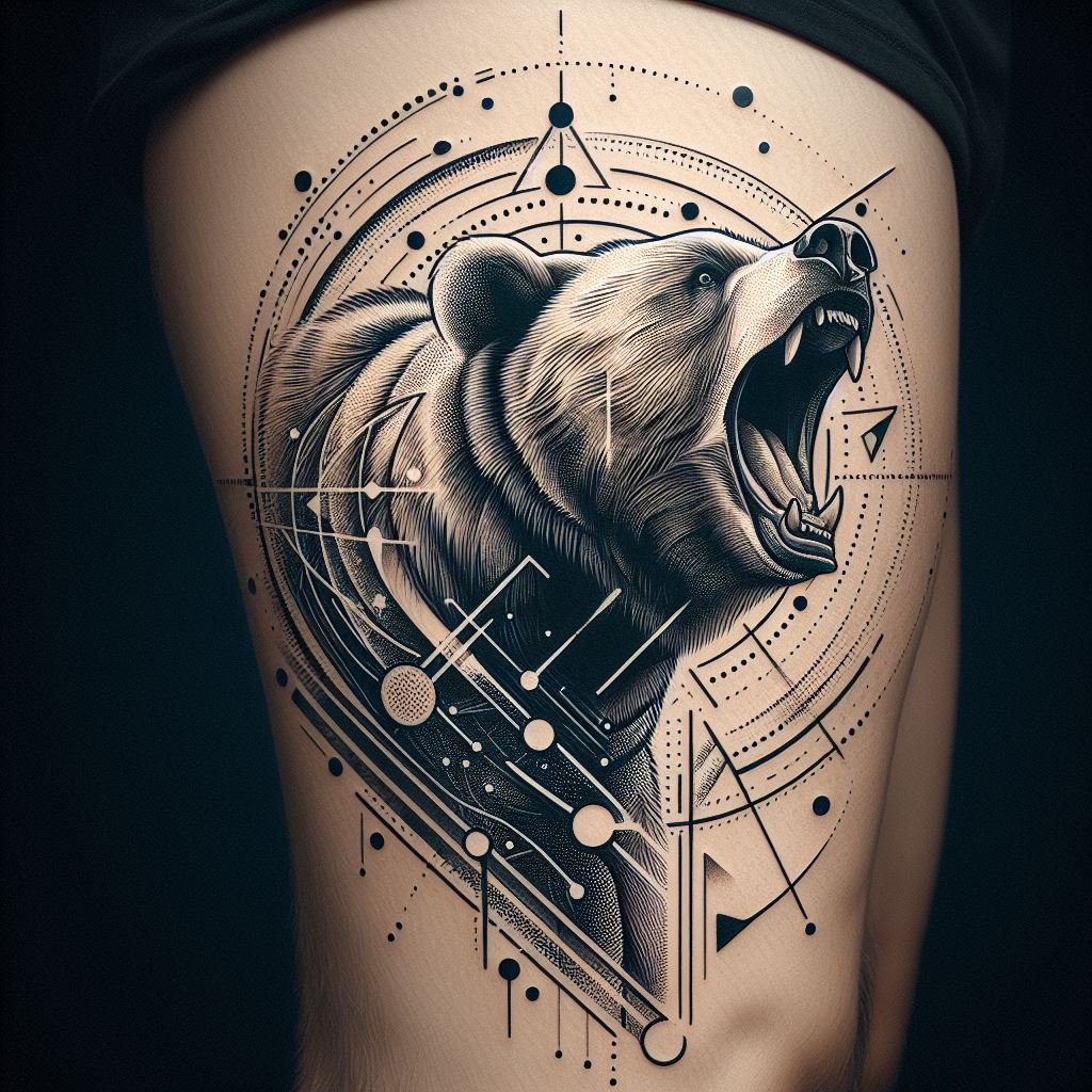 A tattoo of a bear in mid-roar on the calf, symbolizing strength and raw power. The design incorporates geometric elements and dot work to create a modern twist on the traditional bear image. The bear's roar is accentuated by abstract shapes and lines, creating a dynamic and striking effect that highlights the muscle contours of the calf.