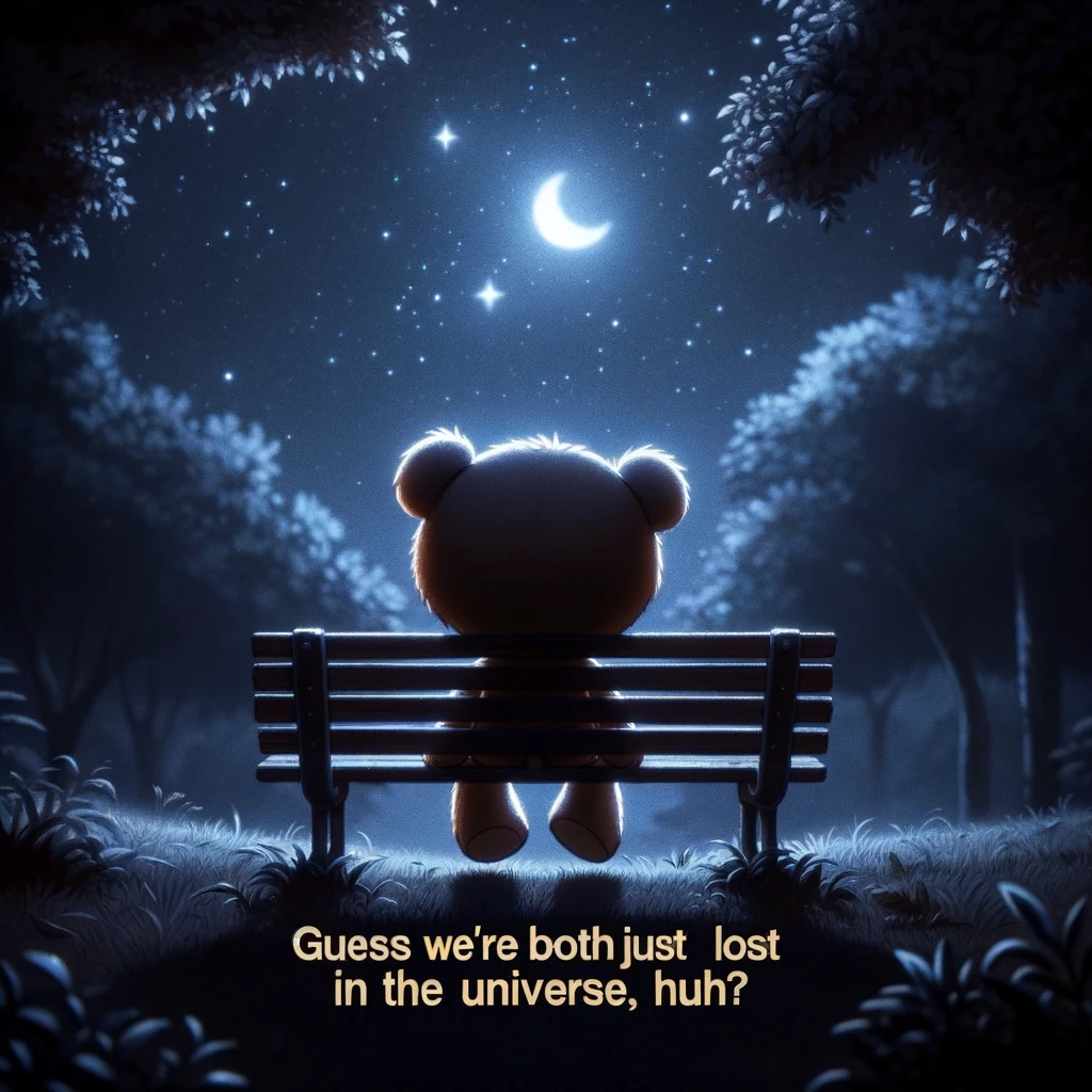 A cartoon image of a teddy bear sitting alone on a park bench at night, looking at the stars. The caption reads, "Guess we're both just lost in the universe, huh?" The scene is lit by a soft moonlight, creating a serene yet somber atmosphere.