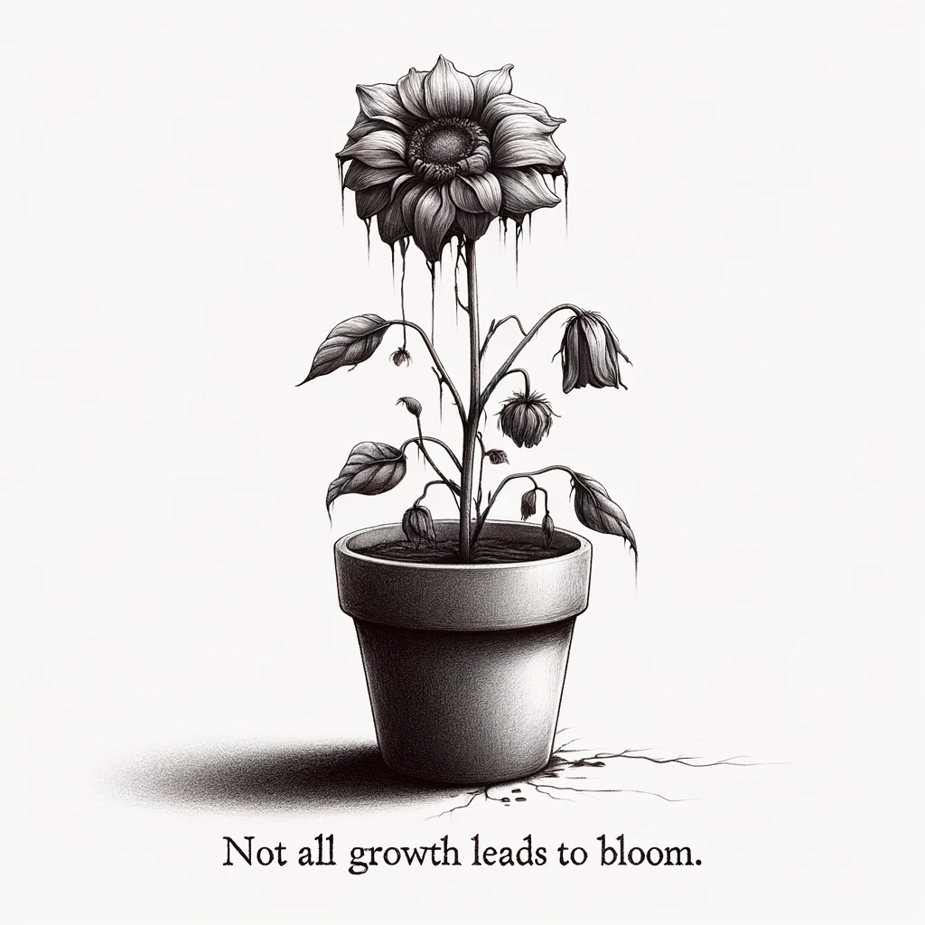 A digital sketch of a wilted flower in a pot, with the caption, "Not all growth leads to bloom." The illustration subtly conveys the idea that not every relationship or endeavor leads to flourishing outcomes, despite nurturing and care. The image is rendered in grayscale to emphasize the melancholy and reflective mood, with the wilted flower symbolizing lost potential and the acceptance of life's unpredictable nature.