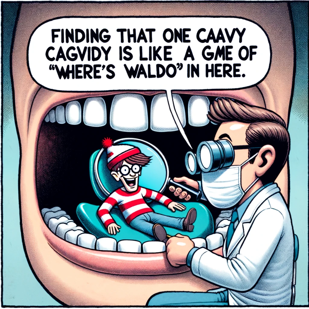A comic scene with a dentist using a magnifying glass to inspect a tiny tooth in a patient's mouth, with the caption: "Finding that one cavity is like a game of 'Where's Waldo?' in here."