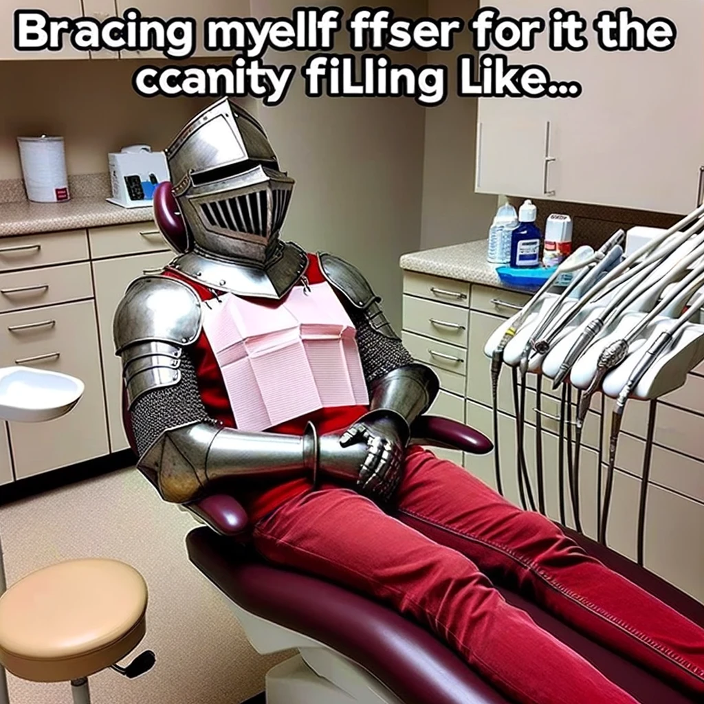 A funny image of a patient wearing a full suit of medieval armor in the dentist's chair, with the caption: "Bracing myself for the cavity filling like..."