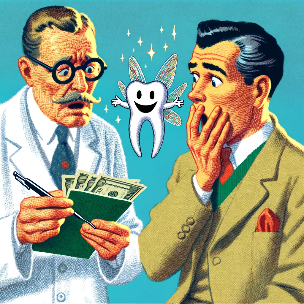 Illustration of a dentist and a patient, both looking shocked at a tooth fairy caught in the act of exchanging a tooth for money, caption: "Caught red-handed: the tooth fairy's secret deal."