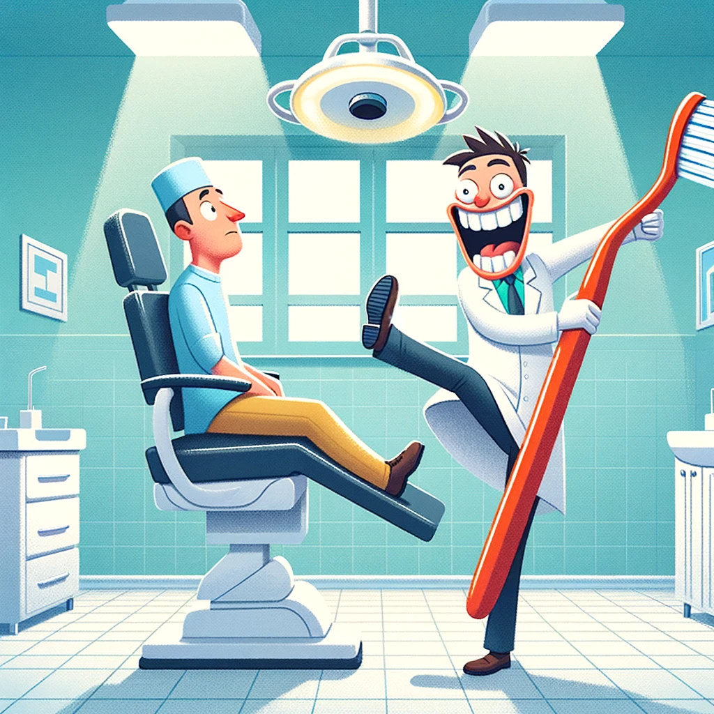 A playful illustration of a dentist dancing with a giant toothbrush, while a patient in the dental chair looks on amused, caption: "When your dentist has a different kind of 'drill' routine."