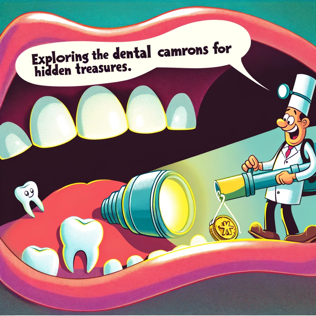 A humorous cartoon of a dentist with an enormous flashlight searching inside a patient's mouth, captioned: "Exploring the dental caverns for hidden treasures."