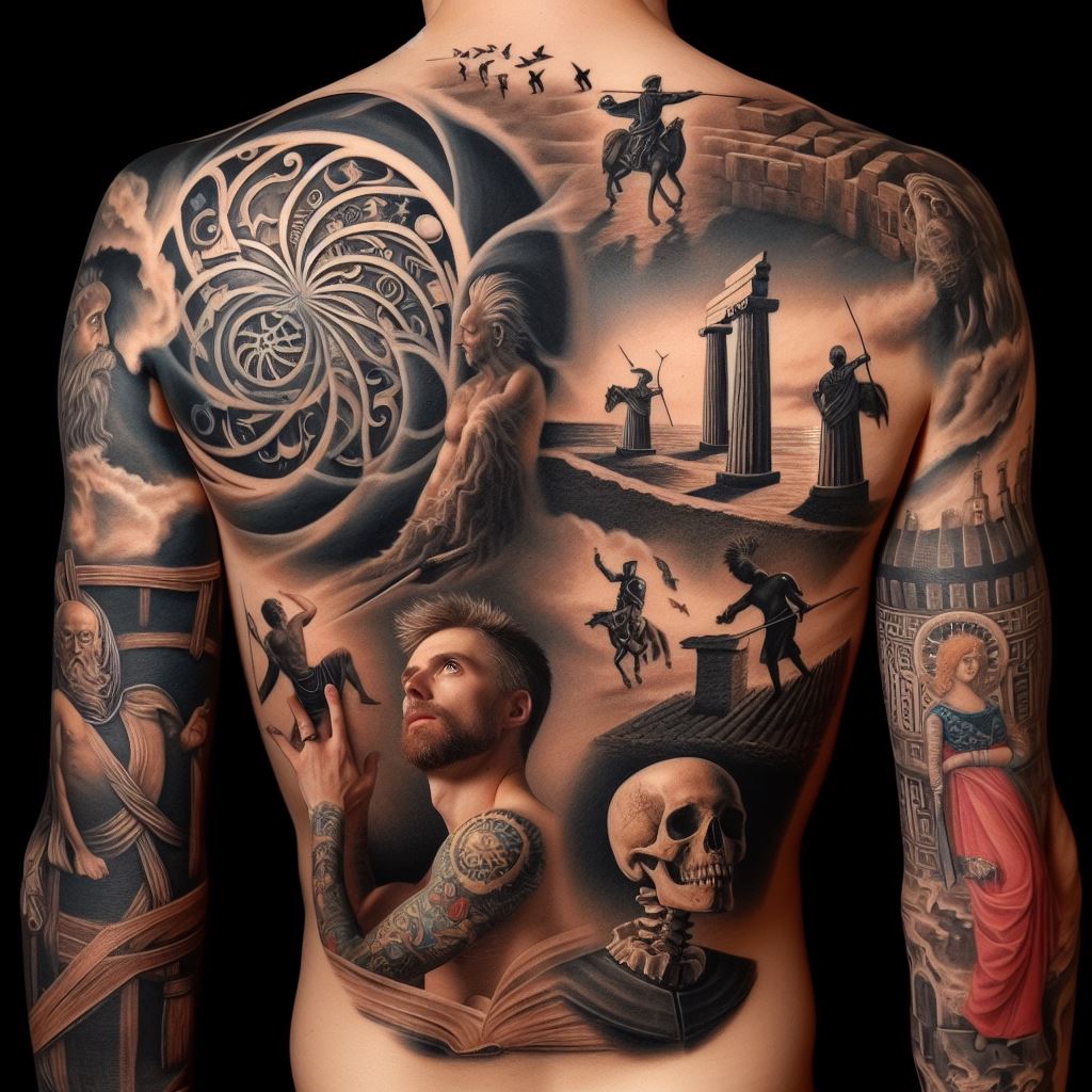 A sleeve tattoo that weaves together elements of classic literature and mythology, covering a man's arm from shoulder to wrist. Start with iconic symbols and characters from Greek mythology at the shoulder, such as Hercules battling the Nemean lion and the Labyrinth of the Minotaur. Transition into a mid-arm tableau featuring scenes from classic literature, like Hamlet speaking to Yorick's skull and Don Quixote tilting at windmills. Conclude with a depiction of the ancient Library of Alexandria around the wrist, symbolizing the wealth of knowledge and story. The color scheme should be rich and aged, with sepia tones and parchment whites, to evoke the feeling of ancient manuscripts and timeless tales.