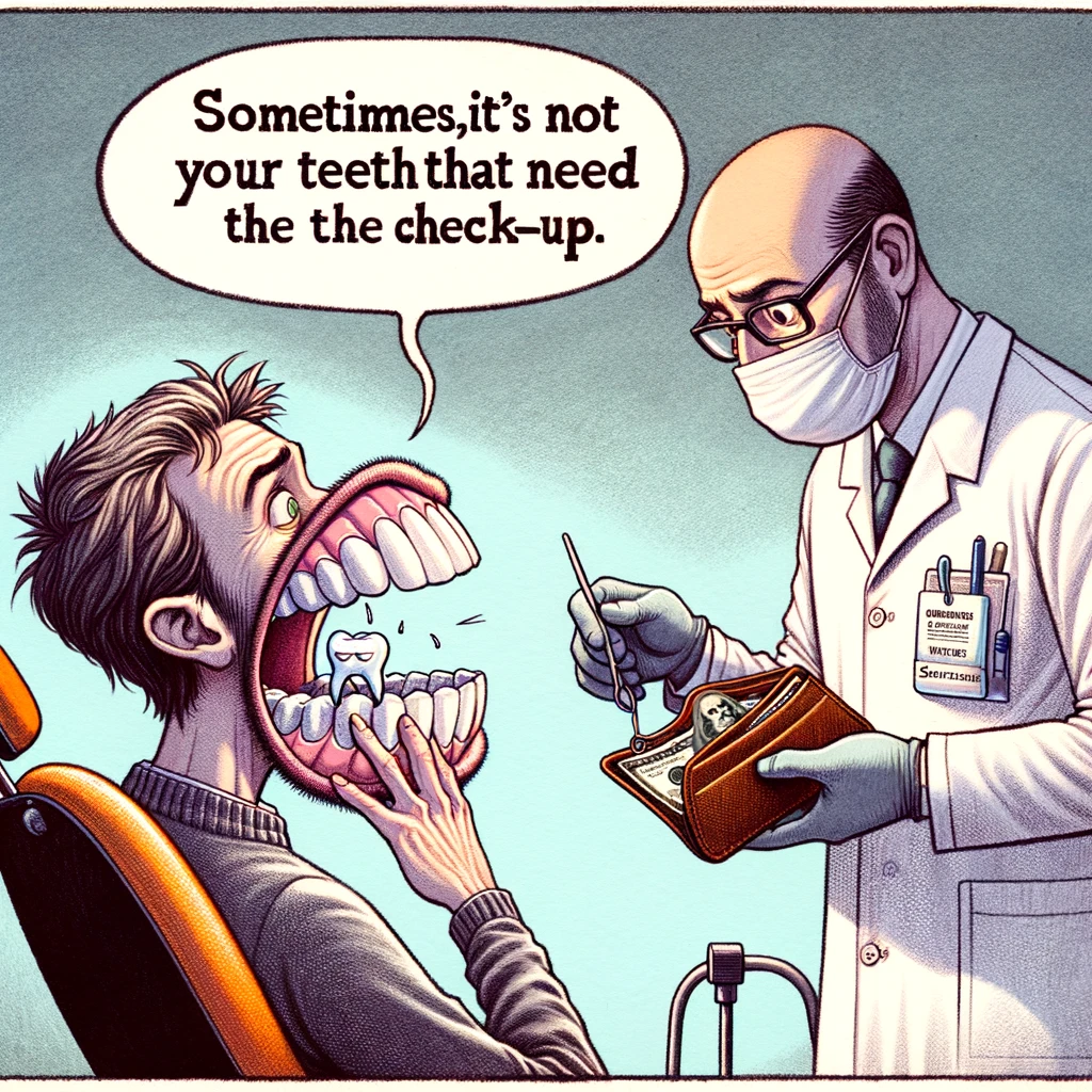 A satirical drawing of a patient opening their wallet instead of their mouth, with the dentist looking on, caption: "Sometimes, it's not your teeth that need the check-up."