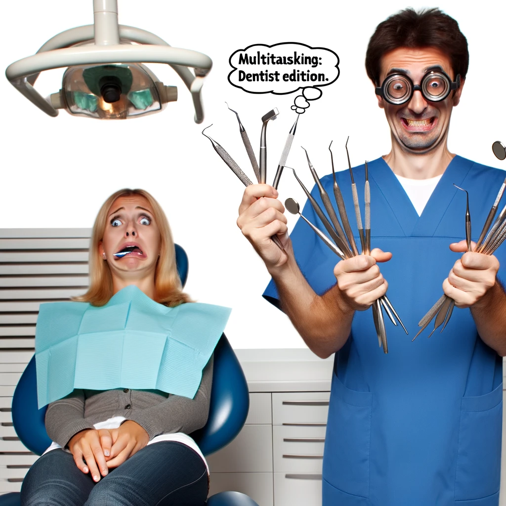 A comical scene of a dentist juggling dental tools while the patient looks on nervously, caption: "Multitasking: Dentist edition."
