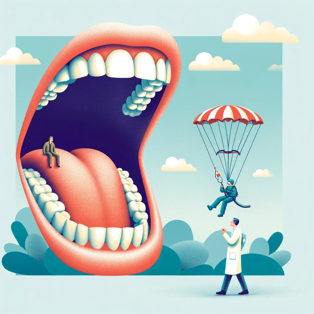 An illustration of a patient with a giant open mouth and a tiny dentist parachuting in, caption: "Dental emergencies require extreme measures."