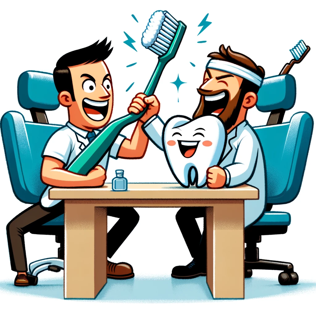 A humorous illustration of a dentist arm-wrestling with a toothbrush, with the patient cheering them on, caption: "When your dentist takes oral hygiene to the next level."