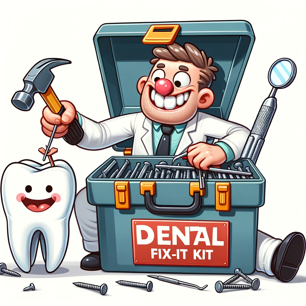 A comical scene of a dentist with a toolbox labeled 'Dental Fix-It Kit', trying to repair a tooth with a tiny hammer and nails, caption: "DIY dentistry at its finest."