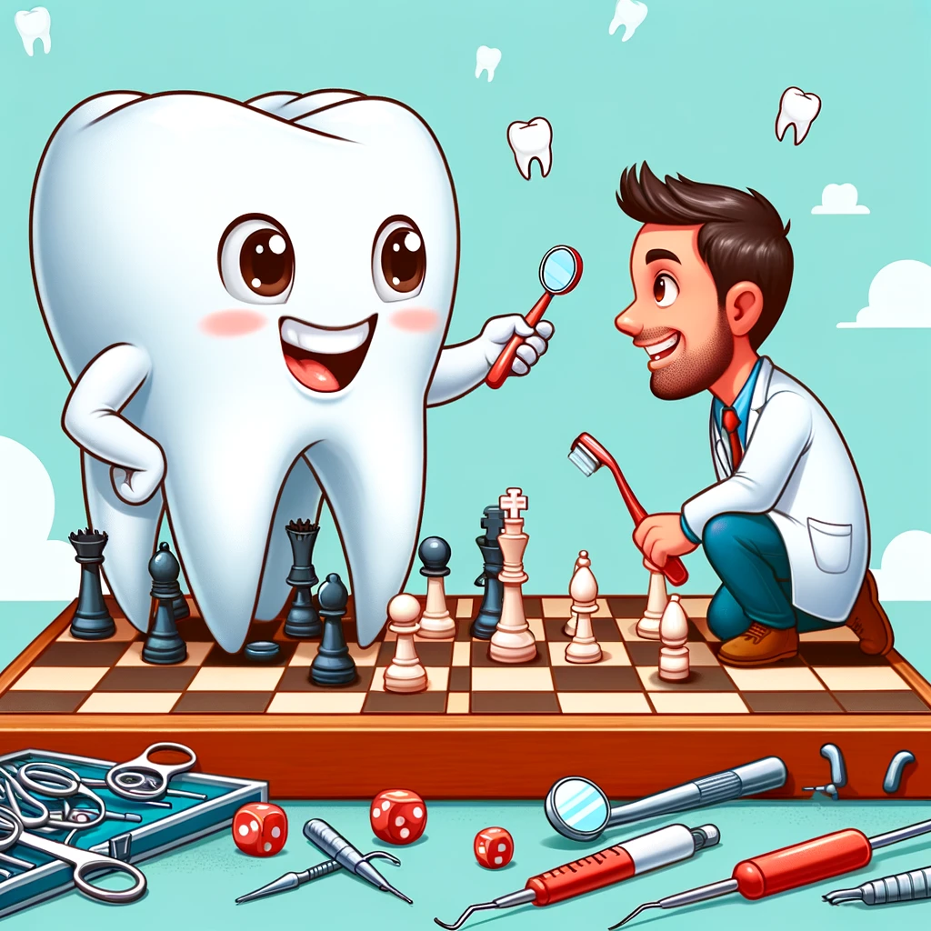 A playful cartoon of a dentist and a giant tooth playing chess, with dental tools scattered around, caption: "Strategizing the next move in dental care."