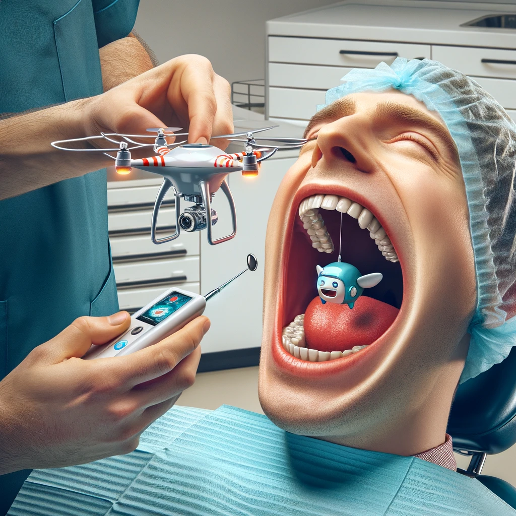 An amusing image of a dentist using a remote control to navigate a tiny dental cleaning drone inside a patient's mouth, caption: "When technology meets dental hygiene."