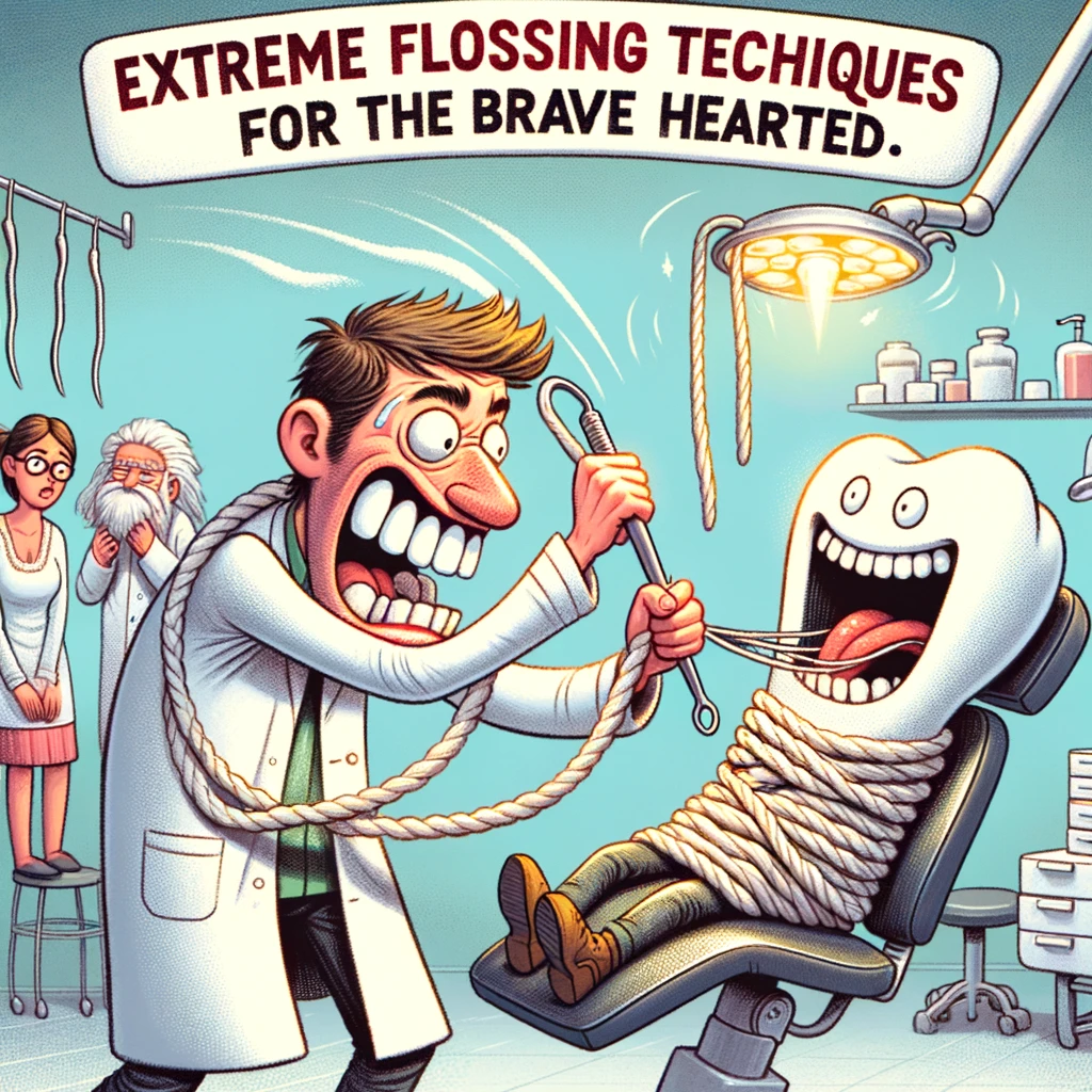 A funny scene with a dentist using oversized floss to tie up a patient's teeth, caption: "Extreme flossing techniques for the brave hearted."