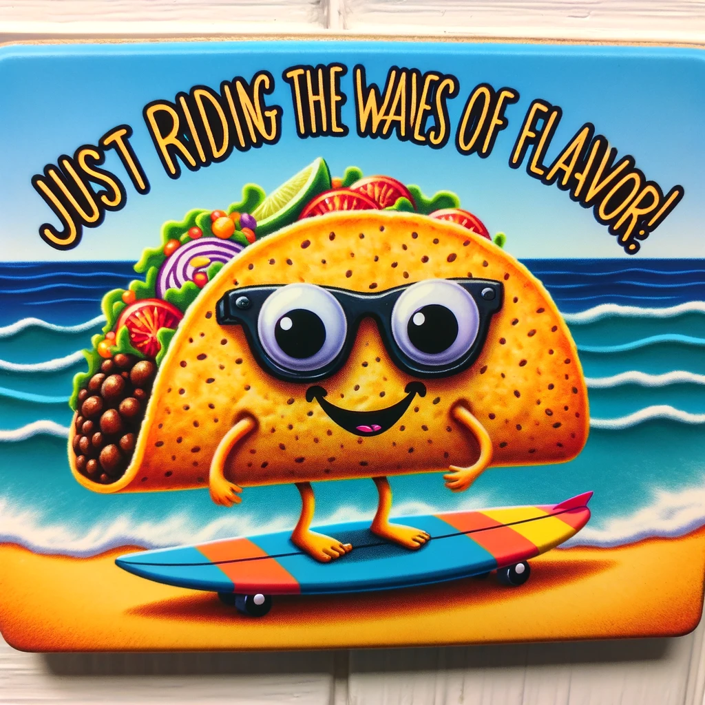 A whimsical image of a taco with googly eyes, standing on a beach holding a surfboard. The taco is wearing sunglasses and the caption says, 'Just riding the waves of flavor!' The scene is vibrant and colorful, capturing a fun and playful vibe.
