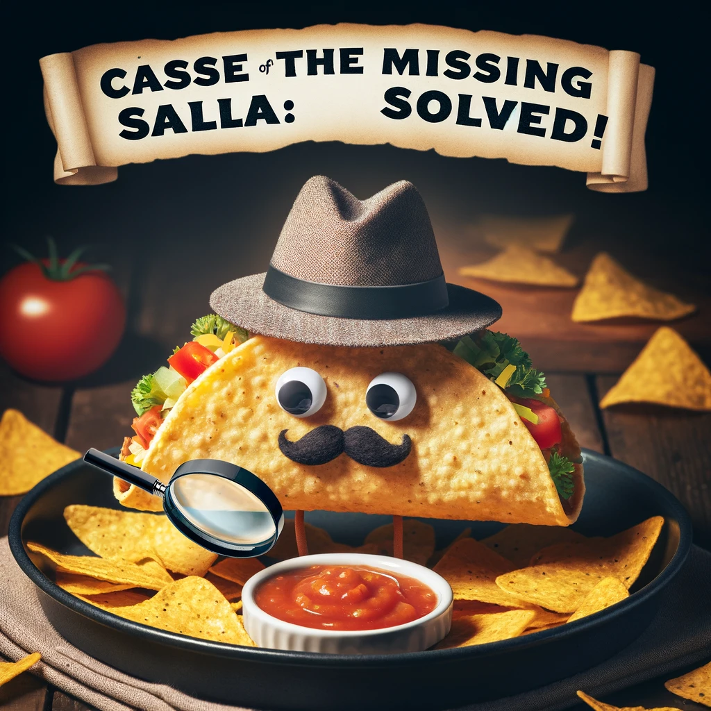 An image of a taco wearing a detective hat and magnifying glass, investigating a plate of nachos. The caption reads, 'Case of the missing salsa: Solved!'. The scene is set in a dimly lit, mysterious kitchen, adding an element of intrigue and humor.