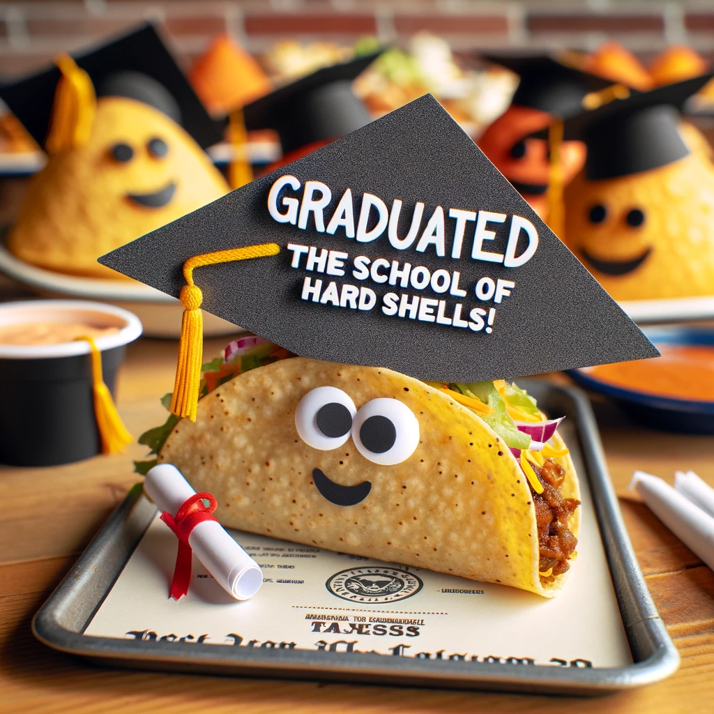 A charming image of a taco wearing a graduation cap, holding a diploma. The caption reads, 'Graduated from the School of Hard Shells!'. The scene is set during a graduation ceremony with other food items in caps and gowns in the background, symbolizing achievement and a playful take on education.