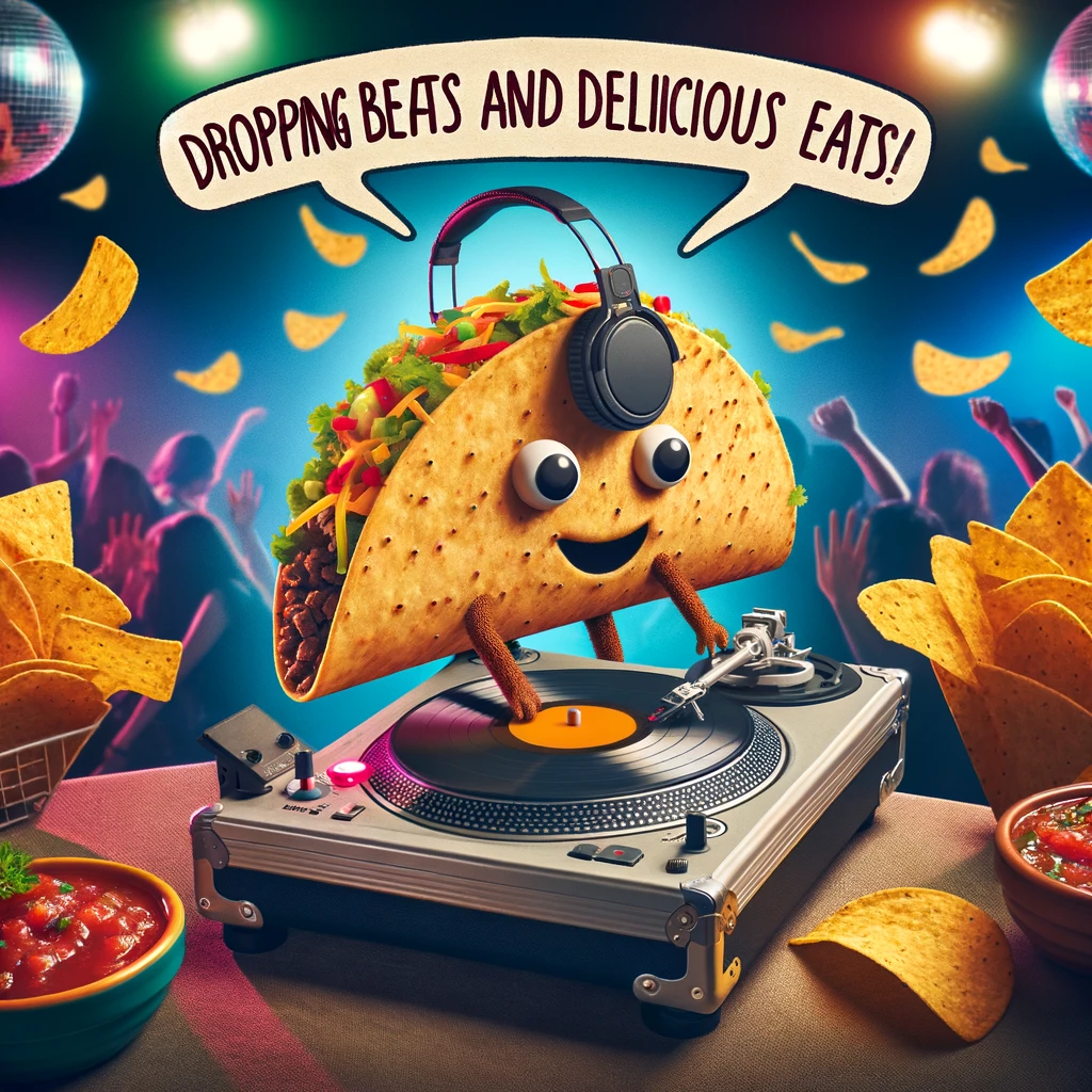 A hilarious scene of a taco DJ spinning records at a party, surrounded by dancing chips and salsa dips. The caption reads, 'Dropping beats and delicious eats!'. The atmosphere is electrifying, with colorful lights and a disco ball, making it a vibrant and entertaining setting.