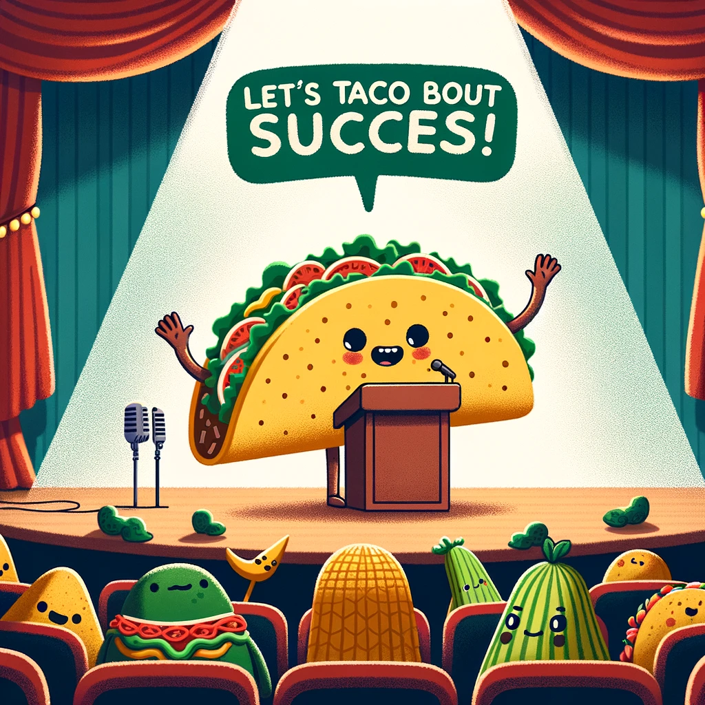 A charming illustration of a taco giving a motivational speech to a crowd of various foods. The caption reads, 'Let's taco 'bout success!'. The setting is an auditorium with a spotlight on the taco, creating an inspiring and humorous scene that encourages positivity and ambition.