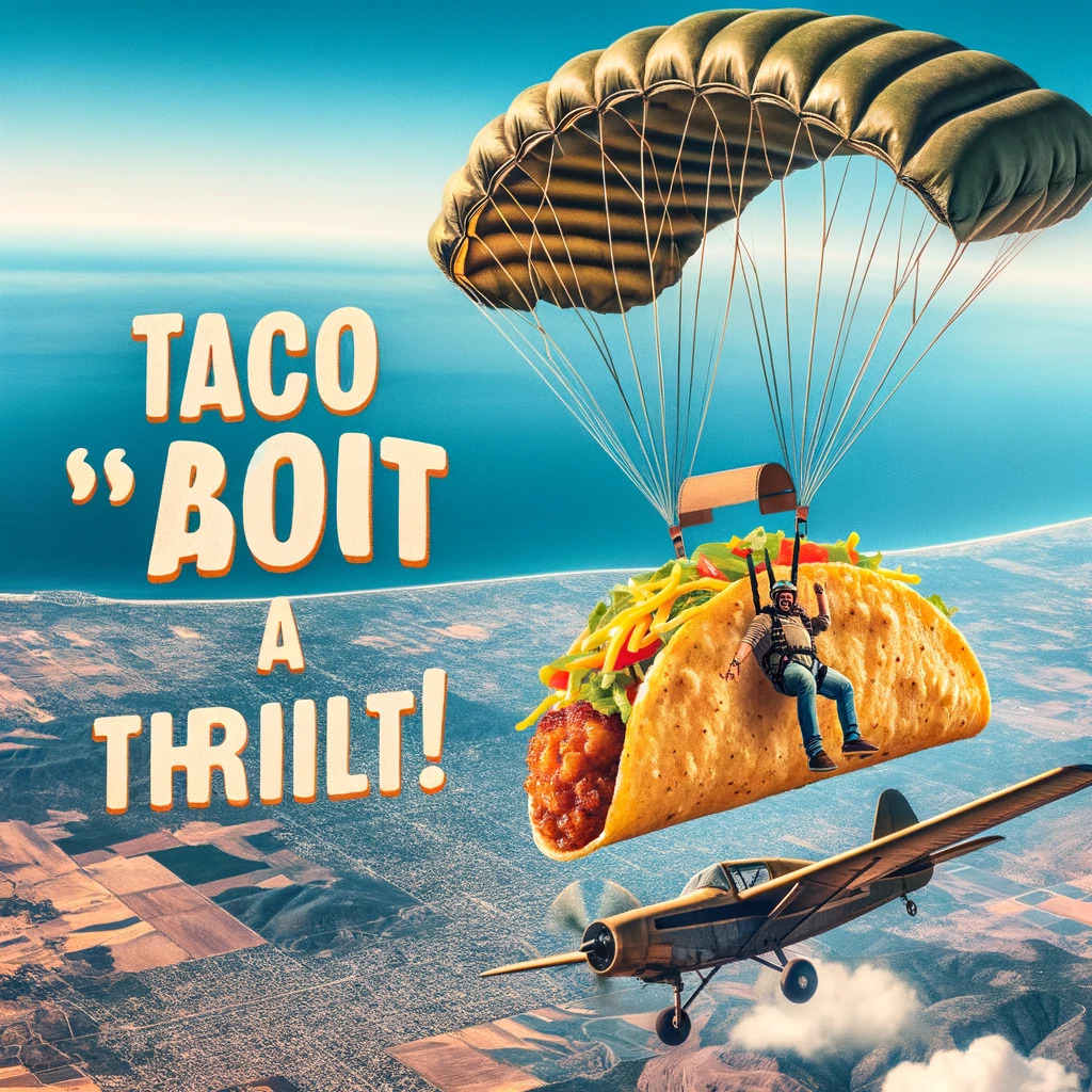 An adventurous image of a taco parachuting from a plane, with a backdrop of a vast landscape below. The caption reads, 'Taco 'bout a thrill!'. The scene is exhilarating, capturing the taco's daring jump into the unknown, symbolizing adventure and excitement.