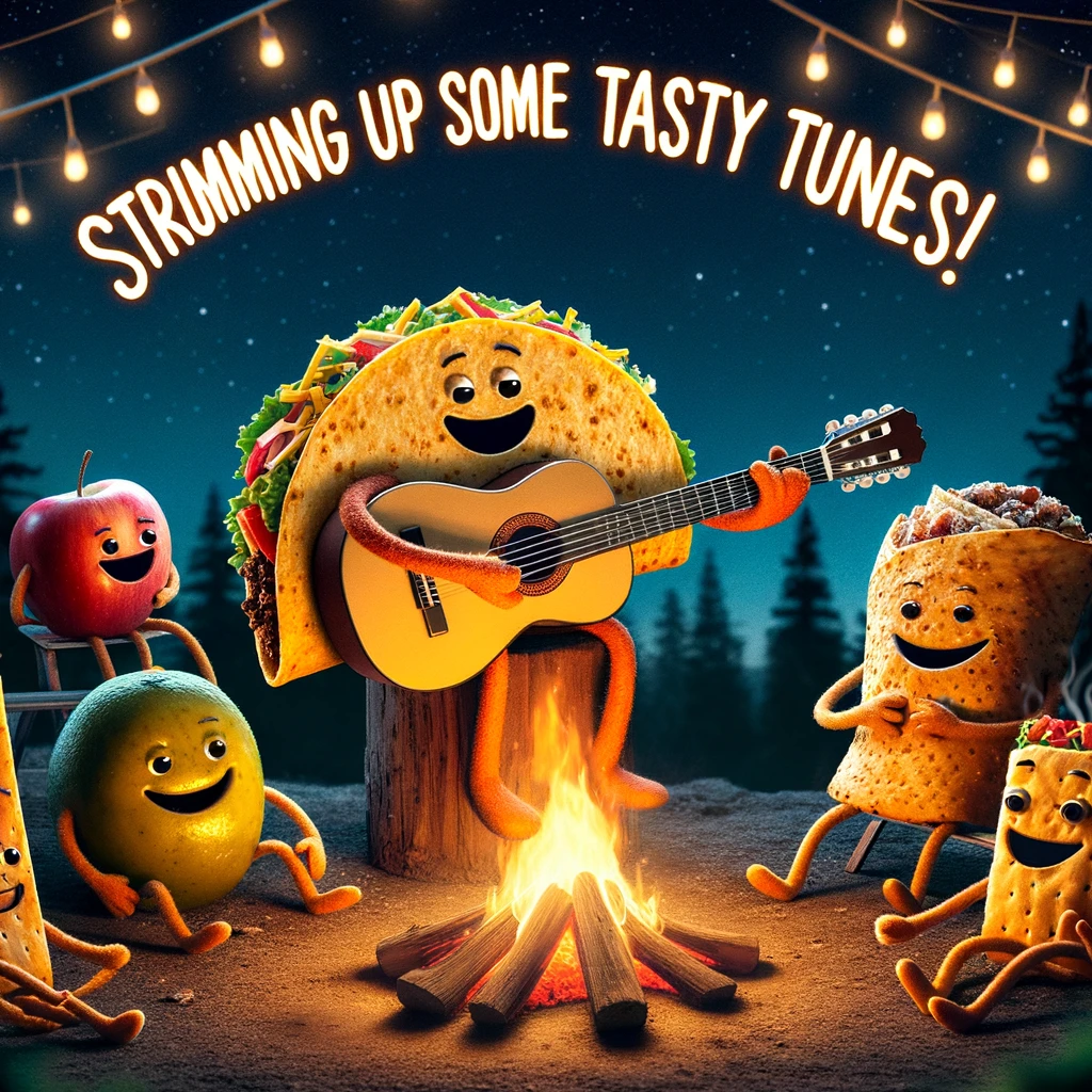 A humorous image of a taco playing the guitar at a campfire with other snack friends gathered around. The caption reads, 'Strumming up some tasty tunes!'. The scene is set outdoors at night, under a starry sky, creating a cozy and communal atmosphere.