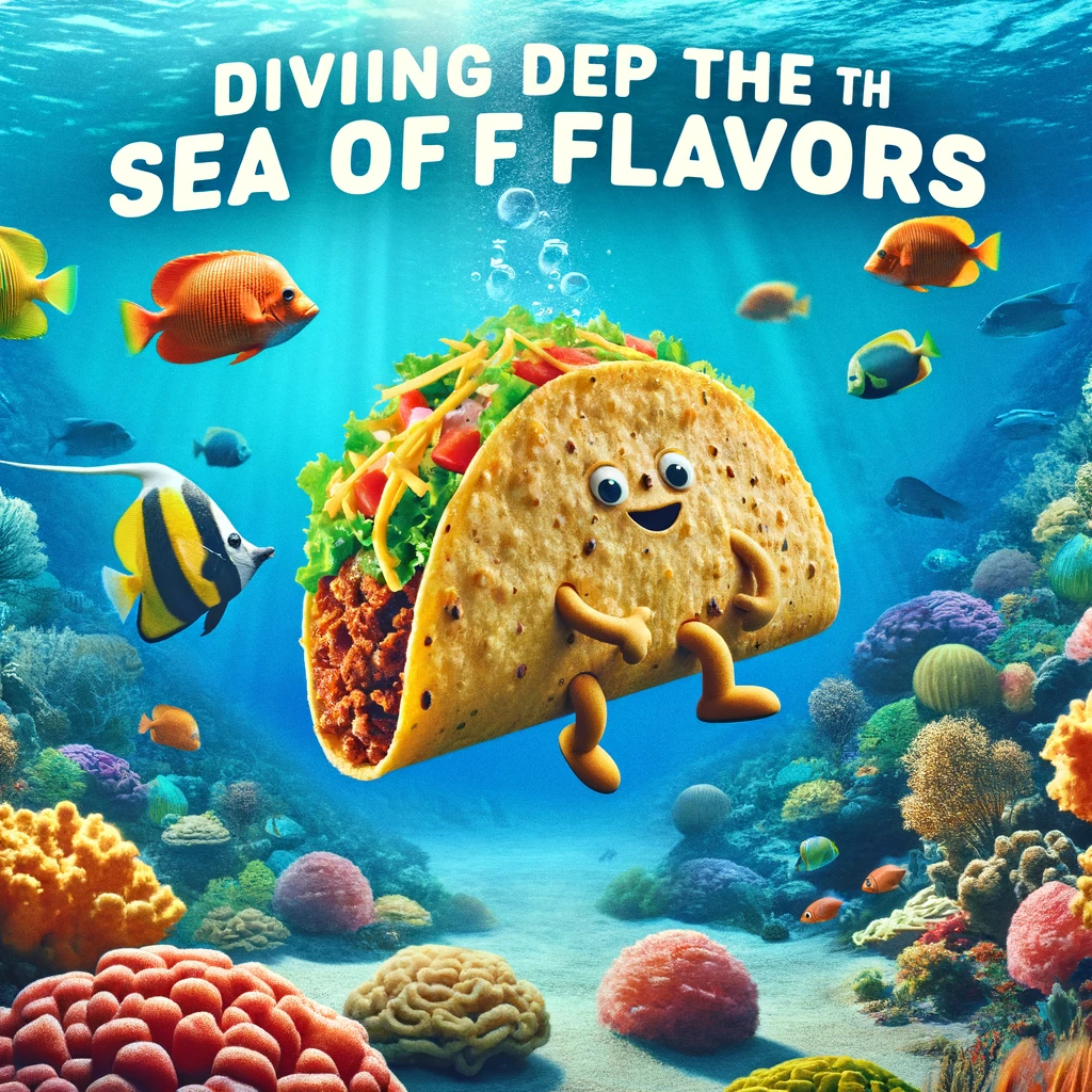 A captivating image of a taco exploring an underwater coral reef, swimming alongside colorful fish. The caption reads, 'Diving deep into the sea of flavors!'. The underwater setting is vibrant and teeming with marine life, illustrating the taco's adventurous spirit in discovering new tastes.