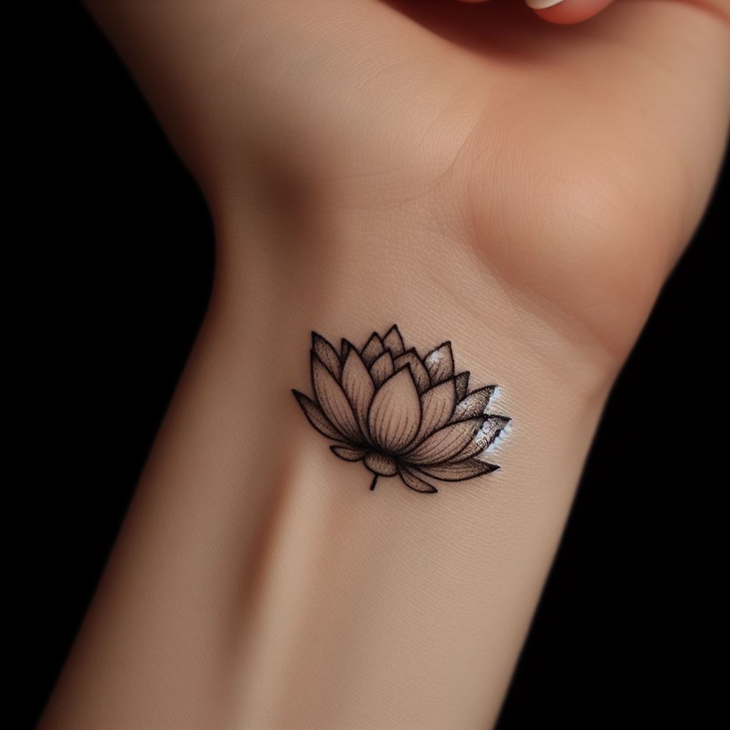 A tiny, intricate lotus flower tattoo, positioned elegantly on the inside of the wrist. The lotus should appear as if it's blooming directly from the skin, with delicate shading and fine lines to emphasize its gentle form. The tattoo should be no larger than a coin, blending seamlessly with the natural curves of the wrist.